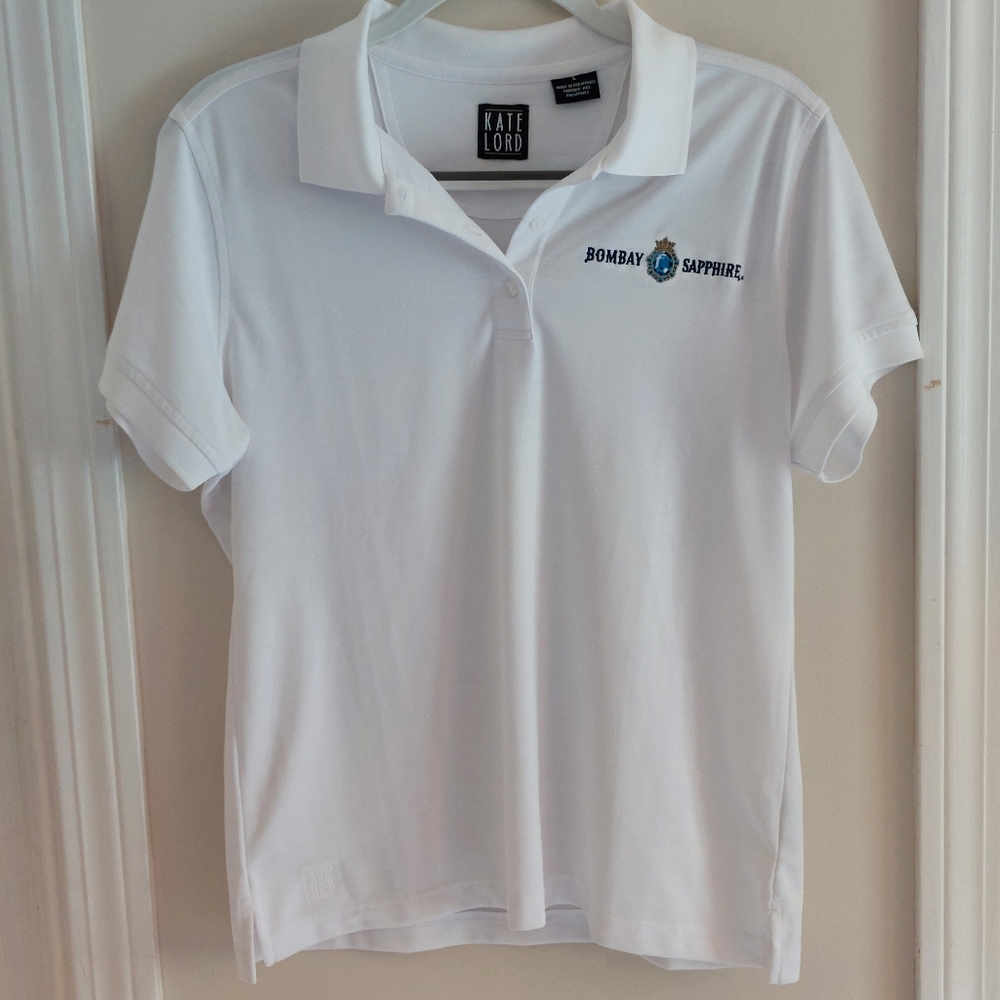 Kate Lord white golf shirt, short sleeve, Bombay sapphire logo size L